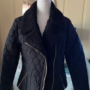 Guess Black Quilted Teddy Jacket with Faux Fur Collar